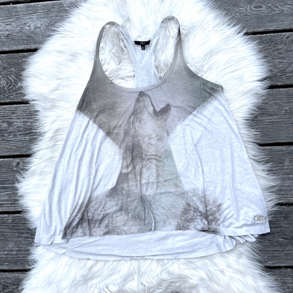 OBEY Howling Wolf Graphic Sheer Cropped Tank Top
